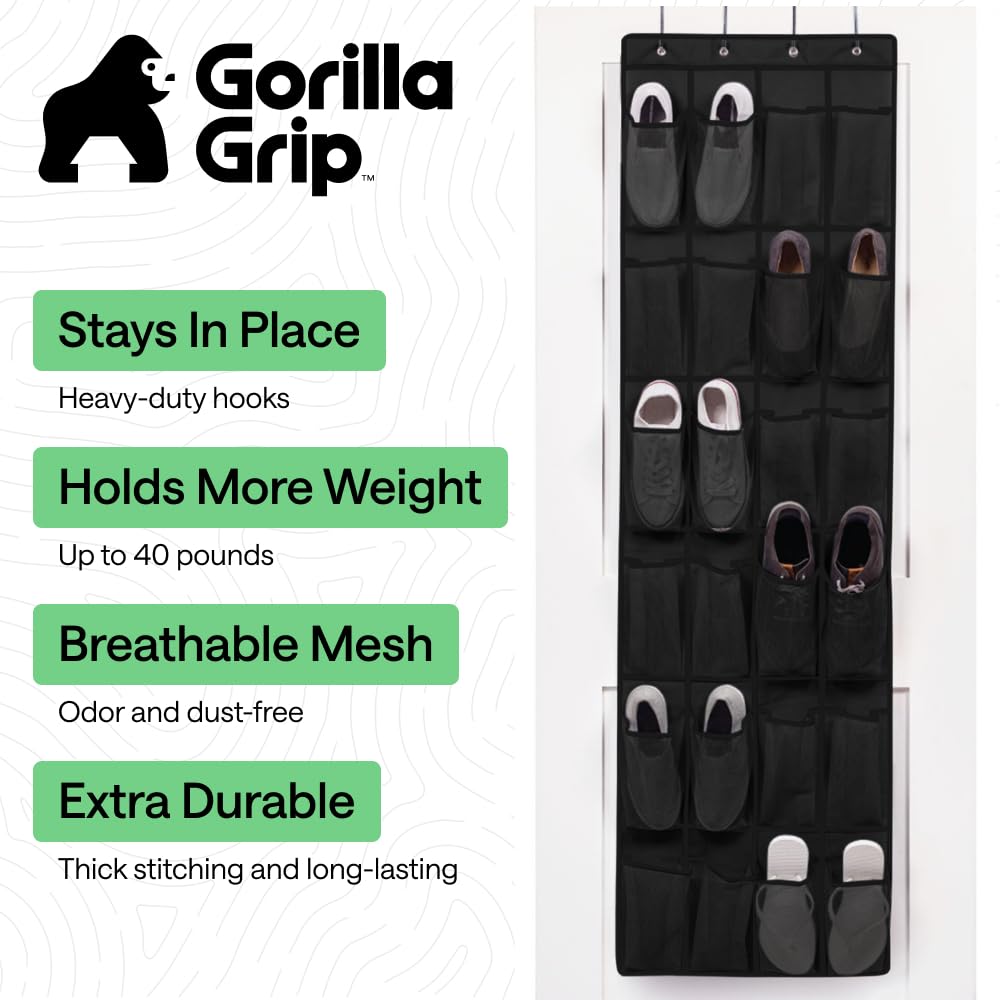 GORILLA GRIP Over the Door Shoe Organizer, 24 Large Pockets, Black | Breathable Mesh Pocket, Space Saving Hanging Storage Holder, Closet Rack Hanger for Shoes, Pantry and Bathroom Accessories