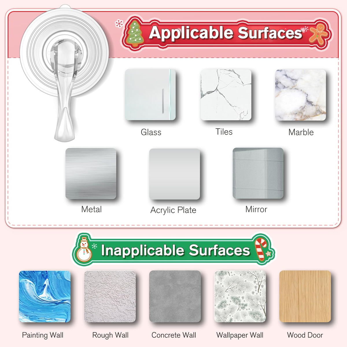 VIS'V Suction Wreath Hanger with Wipes, 22 Lb Capacity, Large, Clear, 2 Pcs | Heavy Duty, Removable and Reusable, Invisible Design, Locking Technology, Dual Vacuum Suction, Fit for Smooth Flat Surfaces
