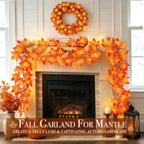 Fall Decor 2 Pack Fall Garland with Lights Enlarged Maple Leaves 20Ft 40LED | Halloween Thanksgiving Decorations, Battery Operated Waterproof Autumn String Lights Indoor Outdoor Fall Decorations for Home