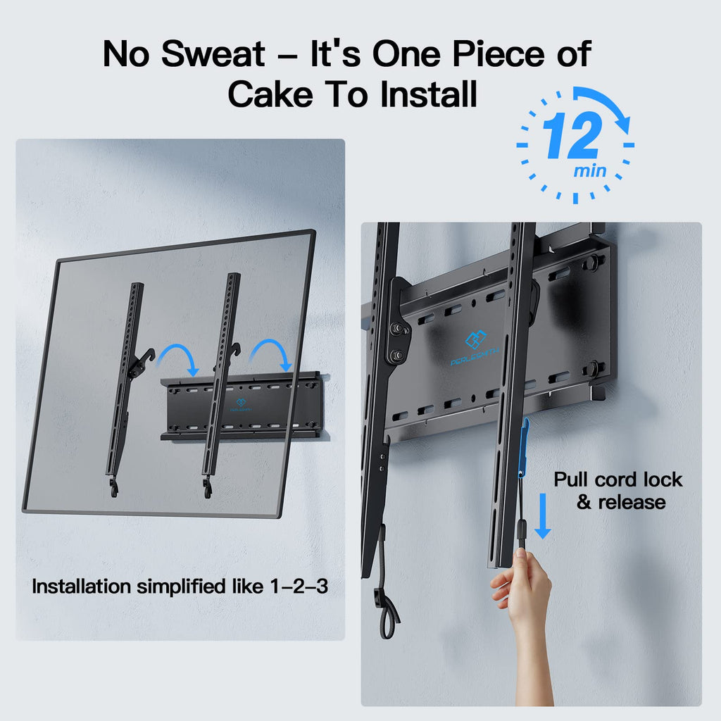 PERLESMITH Tilting TV Wall Mount for 23–60 inch TVs up to 115 lbs | Fits 16" Wood Stud, 1.2 inch Low Profile for Space Saving, Pull-Cord Release for Easy TV Removal, Max VESA 400x400mm