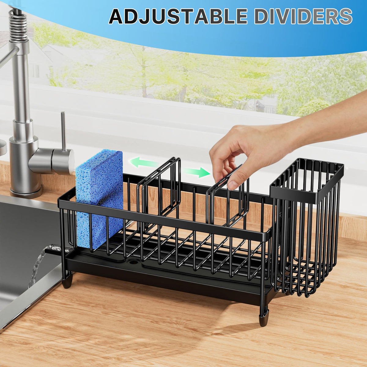 Cisily Sponge Holder for Kitchen Sink, Sink Organizer with Brush Holder | Kitchen Countertop Organizers and Storage Essentials, Rustproof 304 Stainless Steel (Black, 9.25″)
