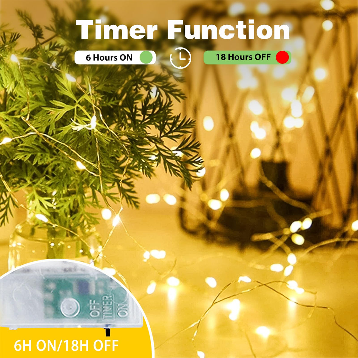 4 Pack Fairy Lights Battery Operated 16FT 50 LED String Lights Warm White | 6Hr On / 18Hr Off Timer, Flexible Waterproof Silver Wire, Cuttable Starry Fairy Light for Bedroom Dorm Wedding Home Christmas