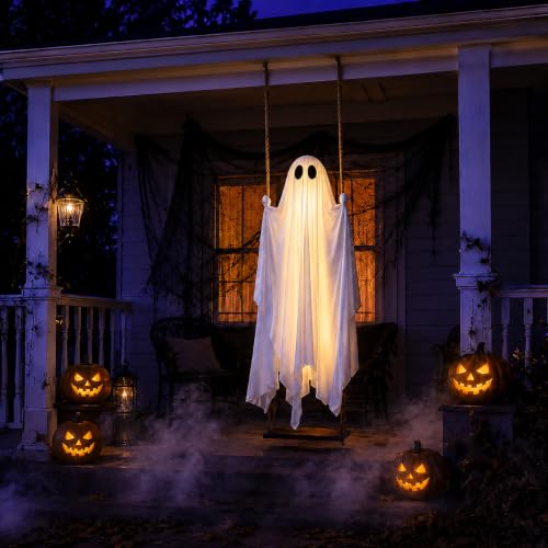 5FT Large Outdoor Halloween Decorations Swing Hanging Ghost for Porch, Yard | Ready to Hang Setup, Height-Adjustable Swing, Timer Remote Lights Strings, Draped Smooth Fabric, Porch Yard Lawn Tree Decor
