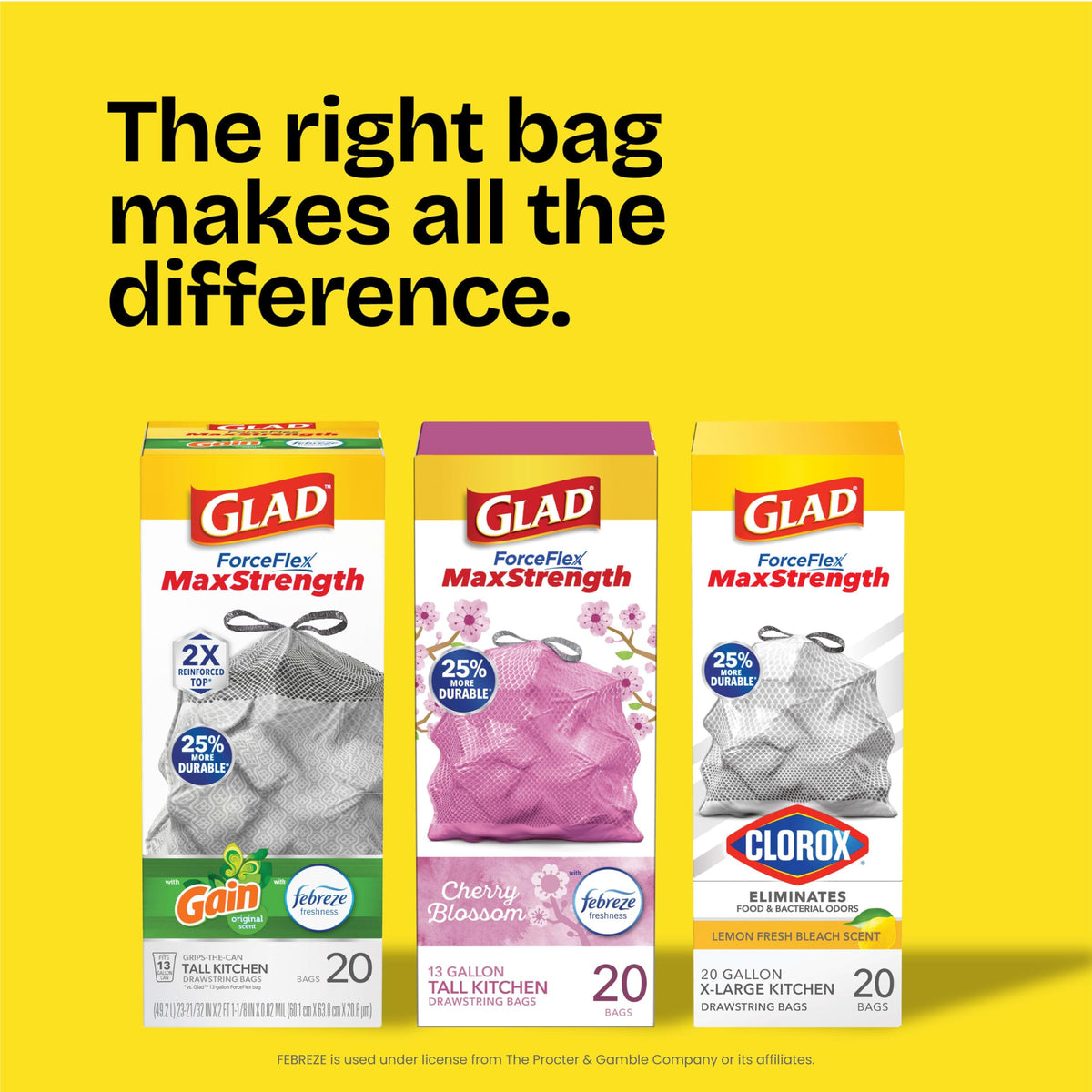 Glad ForceFlex MaxStrength Tall Kitchen Trash Bags, Rip and Tear Resistant, Cherry Blossoms Scented Pink Tall Garbage Bags, Odor Control, Febreze Freshness, 13 Gallon, 90 Count
