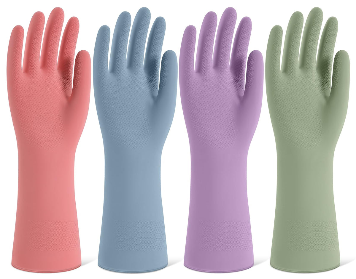 Rubber Cleaning Gloves for Dishwashing, 4 Pairs Reusable Kitchen Gloves for Washing Dishes and Household Cleaning, Colorful Dish Gloves with Flocked Lining and Non-Slip Grip, Pefect for Woman Men - M