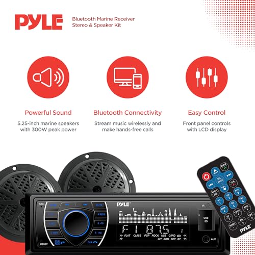 Pyle Marine Headunit Receiver Speaker Kit - In-Dash LCD Digital Stereo Built-in Bluetooth & Microphone w/ AM FM Radio System 5.25’’ Waterproof Speakers (2) MP3/SD Readers & Remote Control-PLMRKT46BK