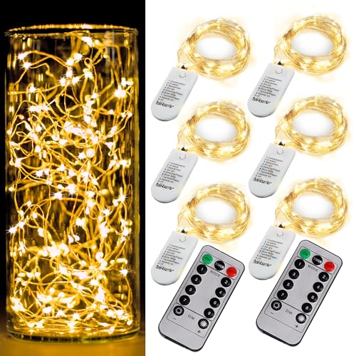 6 Pack Fairy Lights Battery Operated With Timer,2 Remotes,20 LED Warm White | 6.5ft Twinkle Lights,Waterproof Silver Wire Firefly Lights DIY Mason Jar Wedding Party Christmas Centerpiece Table Deco