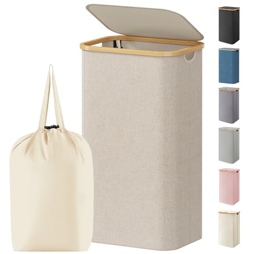 Lifewit 105L Large Laundry Basket with Lid, Removable Bags, Beige | Foldable Laundry Hamper with Bamboo Handles, Tall Laundry Bin, Dirty Clothes Hamper for Laundry Room, Bedroom, Bathroom, Dorm