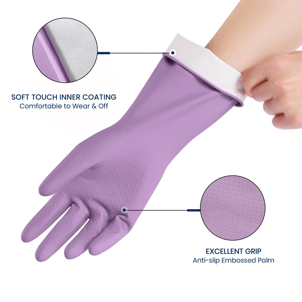 Rubber Cleaning Gloves for Dishwashing, 4 Pairs Reusable Kitchen Gloves for Washing Dishes and Household Cleaning, Colorful Dish Gloves with Flocked Lining and Non-Slip Grip, Pefect for Woman Men - M