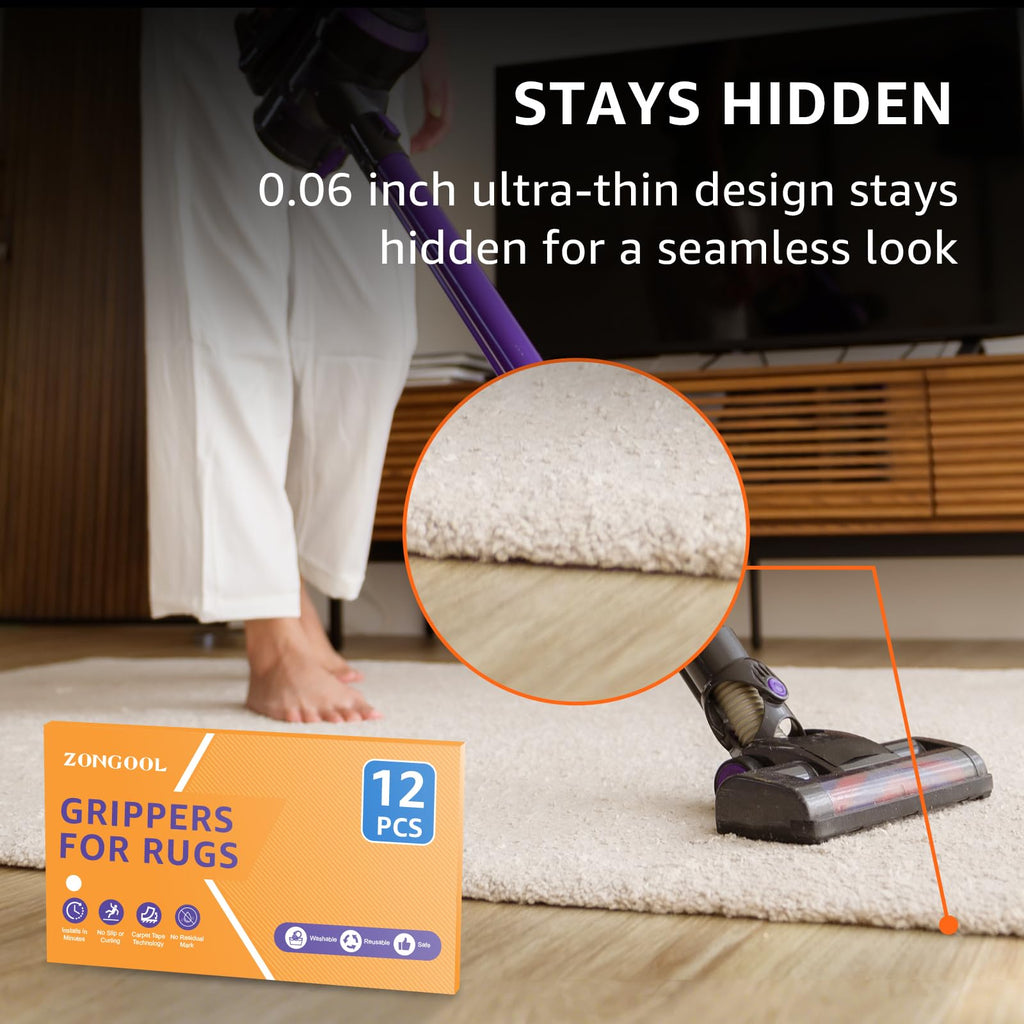 ZONGOOL 12PCS Rug Tape Non Slip Rug Pad Grippers Double Sided Carpet Tape | No Damage Floor Reusable Washable Grippers No Residue Rug Corners For Hardwood Tile&Laminate Floors Anti-Curl Rug Stickers