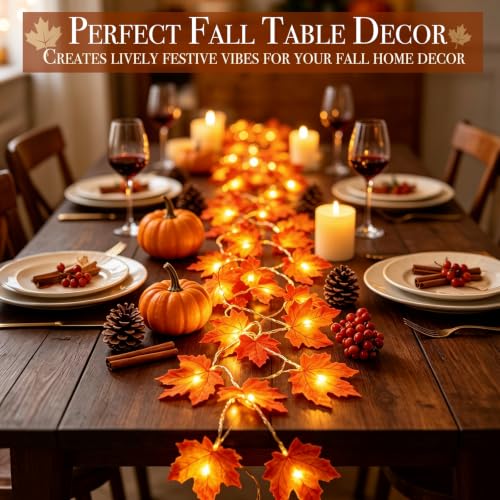 Fall Decor 2 Pack Fall Garland with Lights Enlarged Maple Leaves 20Ft 40LED | Halloween Thanksgiving Decorations, Battery Operated Waterproof Autumn String Lights Indoor Outdoor Fall Decorations for Home