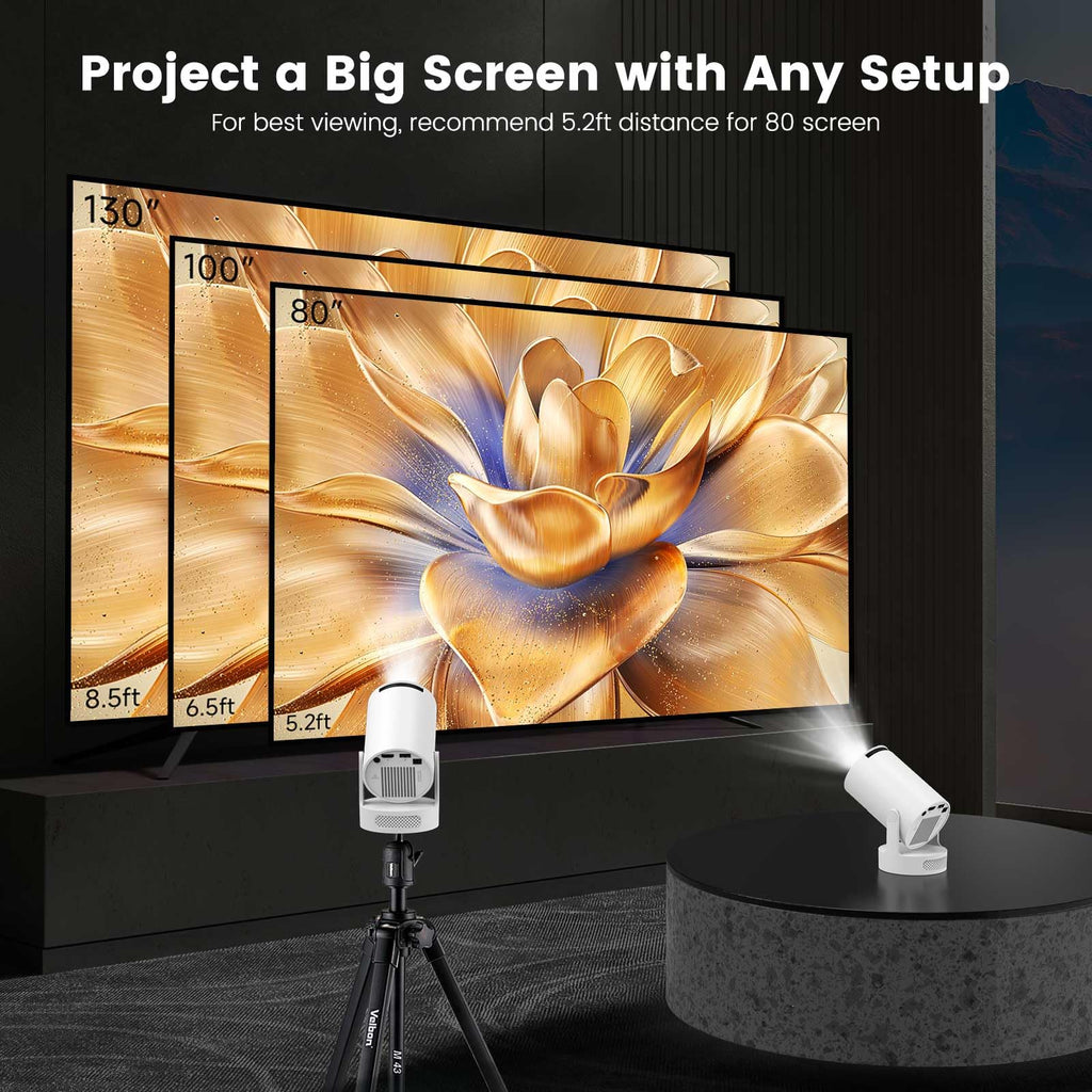 Mini Portable Projector with Wifi 6 and Bluetooth,Base Speaker(M) | 4K Support Projector with 5w Sound Base Speaker,Auto Vertical Keystone 210°Rotatable Proyector