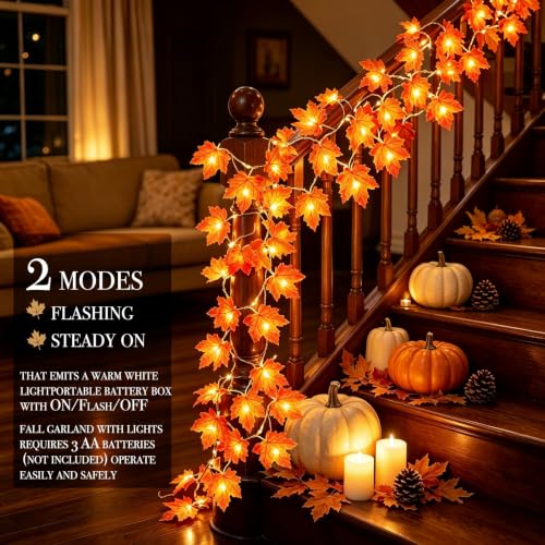 Fall Decor 2 Pack Fall Garland with Lights Enlarged Maple Leaves 20Ft 40LED | Halloween Thanksgiving Decorations, Battery Operated Waterproof Autumn String Lights Indoor Outdoor Fall Decorations for Home