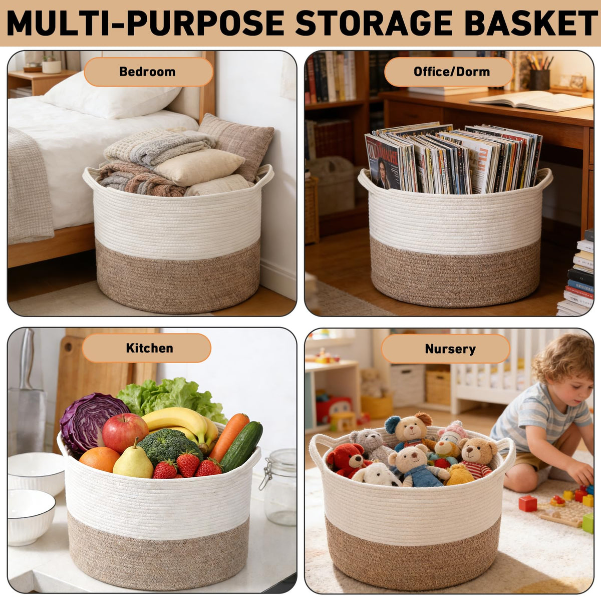 HZFTJOY Large Woven Blanket Basket,65L Cotton Rope Laundry Basket | Collapsible Nursery Storage Bin with Sturdy Handles for Clothes, Toys, Pillows, Living Room Bedroom Bathroom - White & Brown
