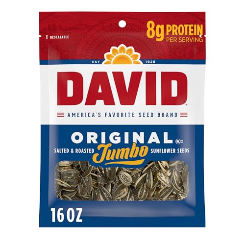 DAVID Jumbo Sunflower Seeds, Original Flavor, 16 oz. | 8g protein per serving; Original flavor; great for baseball games & road trips; also perfect for desk snacking