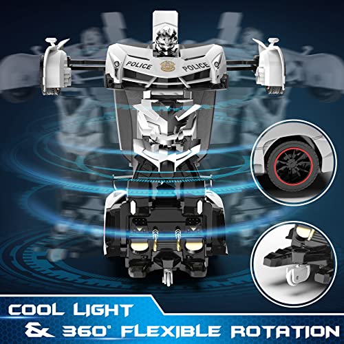 FDJ Remote Control Car - Transform Toys Car Robot, One Button Deformation to Robot with Flashing Light, 2.4Ghz 1:18 Scale Transforming Police Car Kids Toys with 360 Degree Rotating, Girls Boys Toys