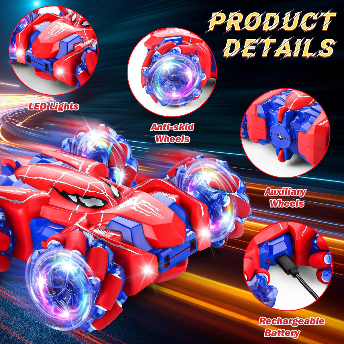 Spider Remote Control Car Headlight Double Sided Off-Road 360° Rotating Car | 2.4Ghz Rechargeable RC Stunt Car 4WD RC Drift Stunt Car for Boys Indoor Outdoor Toys 4-6 5-7 8-13