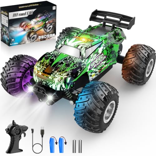 Remote Control Car All-Terrain 1:18 Rc Car with LED Lights 2 Batteries | 2WD Rc Truck, 50Min Play, 2.4GHz, 20KM/H Sturdy Off Road Remote Control Truck Toys for Boys Girls, Christmas Birthday Gift