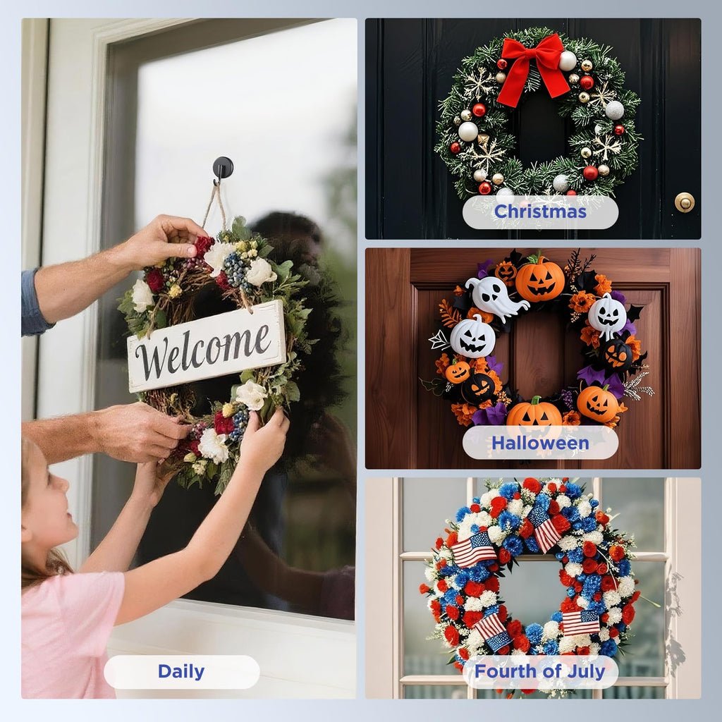 OUTXE Suction Cup Wreath Hanger, Upgraded Reef Hook | for Front Door/Glass Window/Over Door, Christmas/Thanksgiving/Halloween/July 4th/Easter/Spring/Summer/Fall (Black, 2-Pack)
