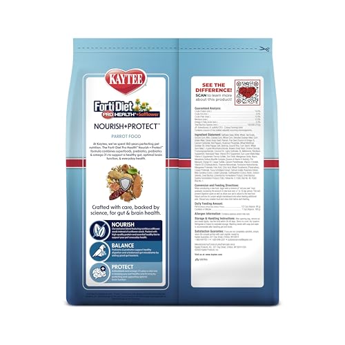Kaytee Forti-Diet Pro Health+Safflower Parrot Food, 4 Pounds | Better digestion daily. Parrot food for medium birds. Prebiotics, probiotics, bird seed without sunflower seeds