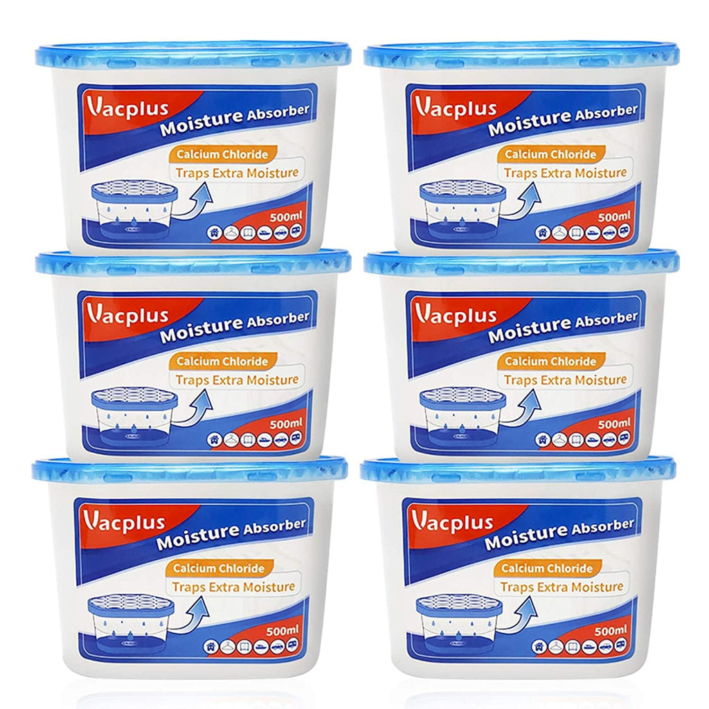 Vacplus Moisture Absorber, 10.5 OZ, Strong Absorption, Fragrance Free | Closet, Bathroom, Car, Odor Eliminator, Dehumidifier Bucket, 6 Pack