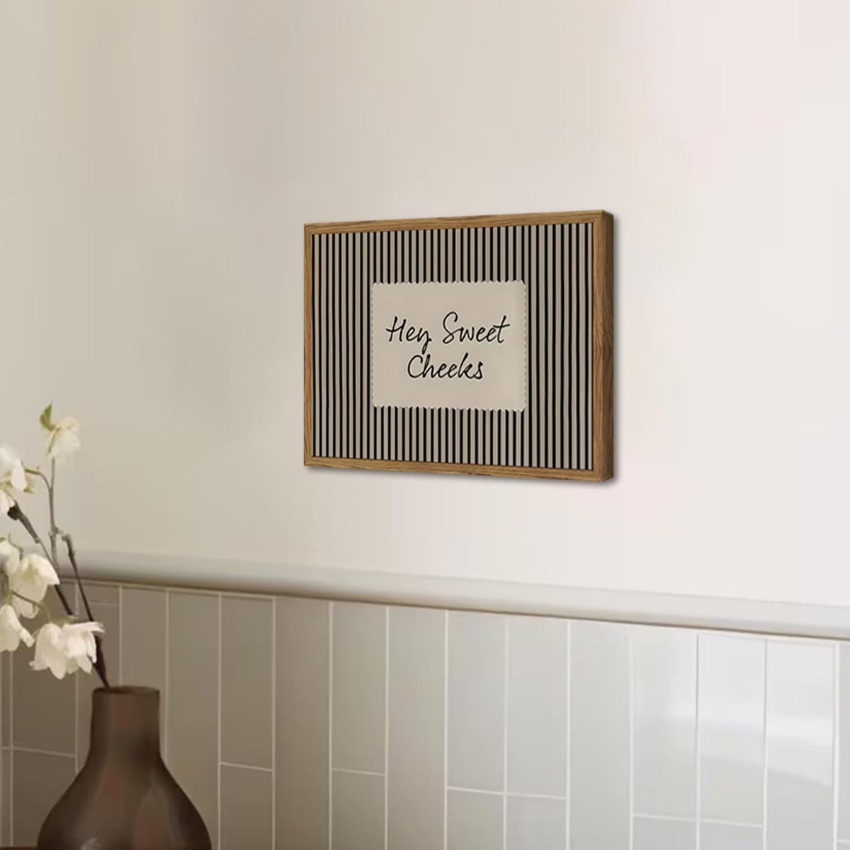 Hey Sweet Cheeks Bathroom Sign Wall Art Funny Black Striped Quote Restroom Wall Decor Picture Trendy Girl Bathroom Poster Canvas Painting Print 12x16 inch Wood Framed