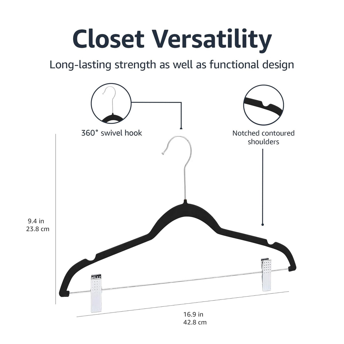 Amazon Basics Velvet Non-Slip Skirt Clothes Hangers with Clips, 360 Degree Rotatable Hook, Organize Pants and Skirts, Black/Silver, 24-Pack