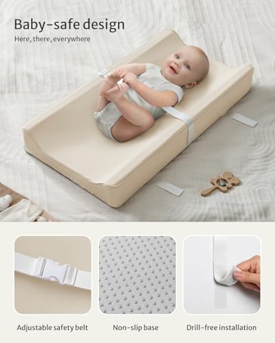 Blissful Diary Vegan Leather Baby Changing Pad with Waterproof & Wipe-Clean PU Cover, Standard Size Cozy Diaper Changing Pad for Dresser and Table, Beige