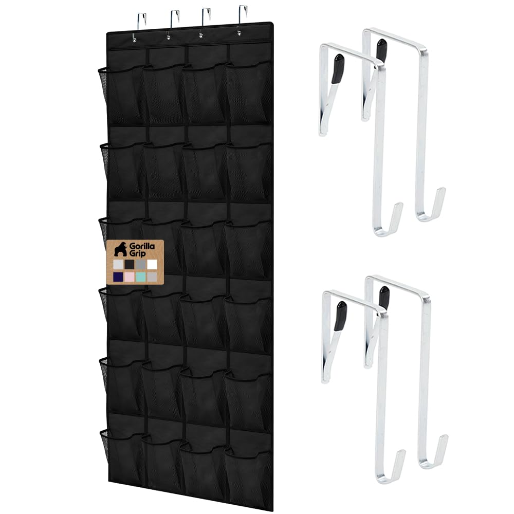 GORILLA GRIP Over the Door Shoe Organizer, 24 Large Pockets, Black | Breathable Mesh Pocket, Space Saving Hanging Storage Holder, Closet Rack Hanger for Shoes, Pantry and Bathroom Accessories