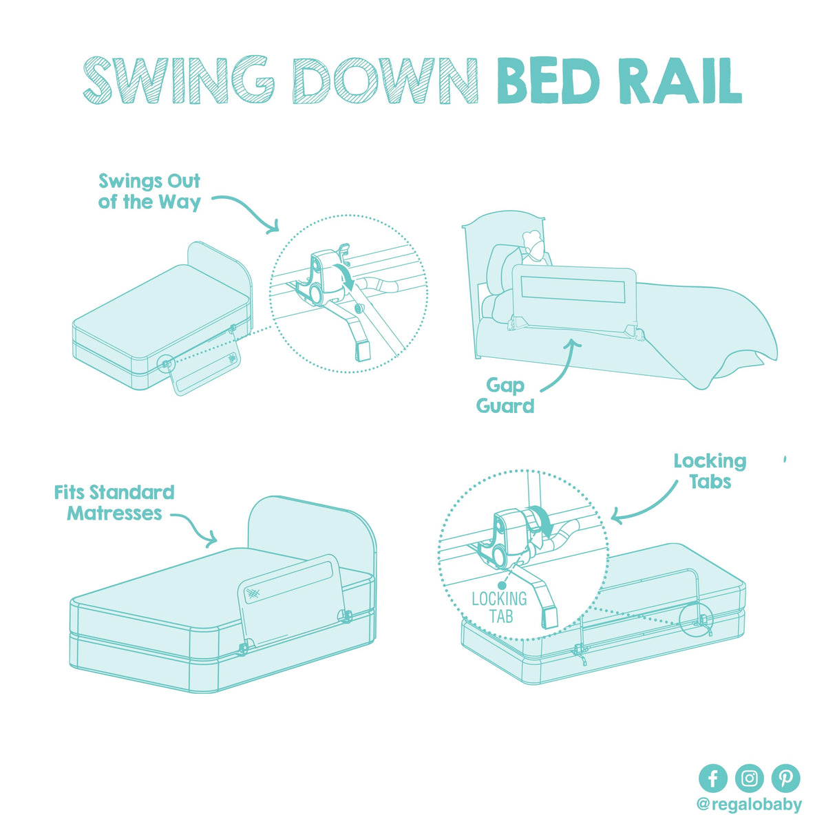Regalo Swing Down Toddler Bed Rail Guard, NO Tools Required, Bed Rail for Toddlers with Patented Gap Guard, Toddler Bed Rail, Fits Twin, Full & Queen Beds, Bed Safety Rail for Kids Bed, 43” Long