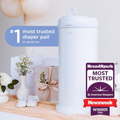 Ubbi Stainless Steel Diaper Pail, No Special Bags, Odor-Locking, White | Award-Winning Registry Must-Have, Childproof Safety Lid with Lock, Holds Up To 55 Newborn Diapers, Modern Nursery Essential