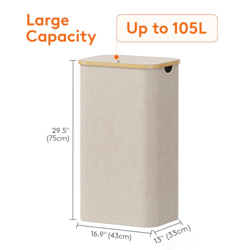 Lifewit 105L Large Laundry Basket with Lid, Removable Bags, Beige | Foldable Laundry Hamper with Bamboo Handles, Tall Laundry Bin, Dirty Clothes Hamper for Laundry Room, Bedroom, Bathroom, Dorm