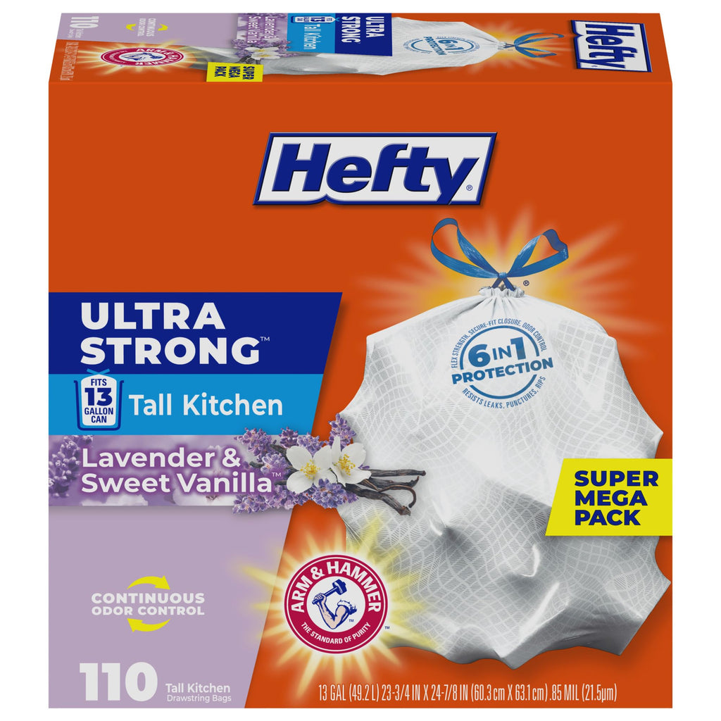 Hefty Ultra Strong 13 Gal Kitchen Trash Bags, Lavender Vanilla, 110ct | Bulk Pack, 13G Tall White Trash Bags with Drawstrings for Kitchen, Resists Leaks, Punctures, Rips, Continuous Odor Control