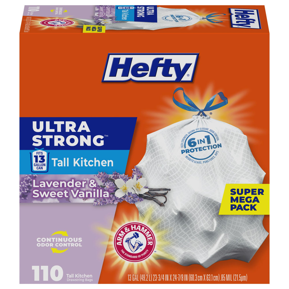 Hefty Ultra Strong 13 Gal Kitchen Trash Bags, Lavender Vanilla, 110ct | Bulk Pack, 13G Tall White Trash Bags with Drawstrings for Kitchen, Resists Leaks, Punctures, Rips, Continuous Odor Control
