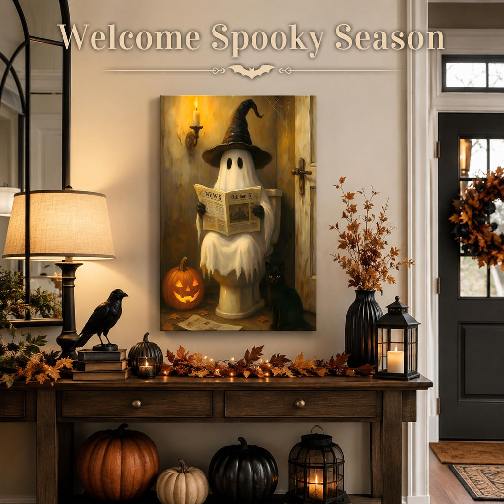 Framed Halloween Ghost Bathroom Canvas Wall Art 8x12 In, Funny Spooky Toilet Scene Canvas Prints Artwork, Dark Halloween Wall Decor Pictures for Office Home Decoration