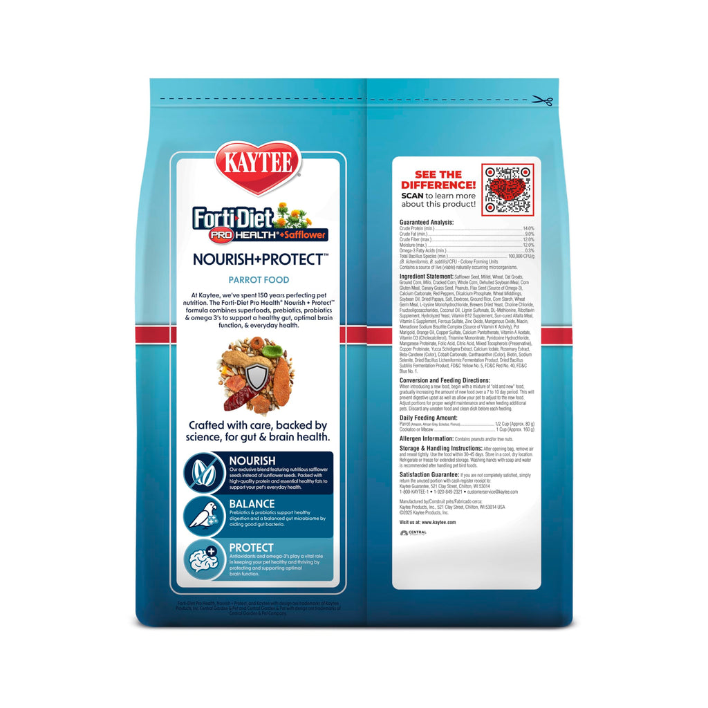 Kaytee Forti-Diet Pro Health+Safflower Parrot Food, 4 Pounds | Better digestion daily. Parrot food for medium birds. Prebiotics, probiotics, bird seed without sunflower seeds