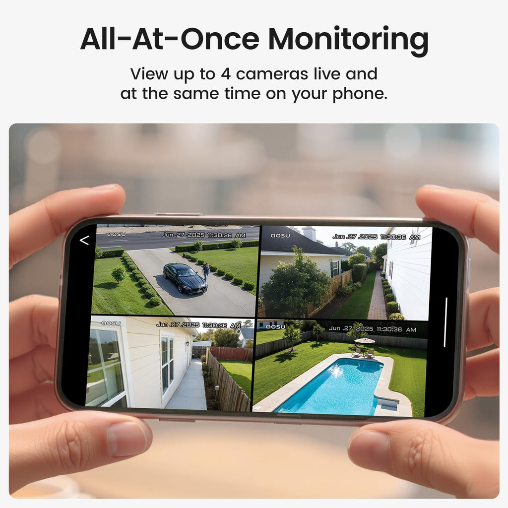 aosu D1 Classic 4-Cam Kit, Security Cameras Wireless Outdoor, Solar Powered | No Subscription Required, 32GB Built-in Storage, 360° Auto Tracking, 2K (3MP) Full-Color Night Vision, Easy Install