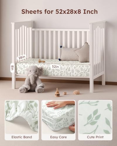 Yoofoss 2-Pack Baby Crib Sheets for Boys Girls 52x28 (Green+Leaf) | Soft & Breathable & Cozy, Fitted Crib Mattress Cover Set for Baby Bed and Toddler Mattress