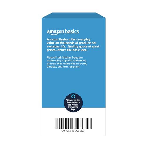 Amazon Basics 13 Gallon Flextra Strength Tall Kitchen Drawstring Trash Bags, Tear Resistant, 90 count