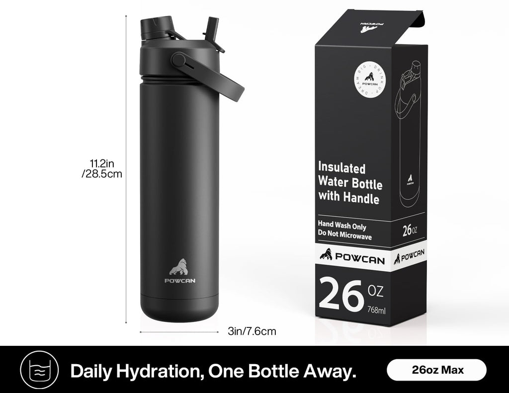 POWCAN 26 oz Insulated Water Bottle with 2-in-1 Straw and Spout Lid, Keep Cold 24H, Leak-Proof, Fits in Car Cup Holder, Stainless Steel Water Bottle for Sports, Travel, and School (Dark Knight)
