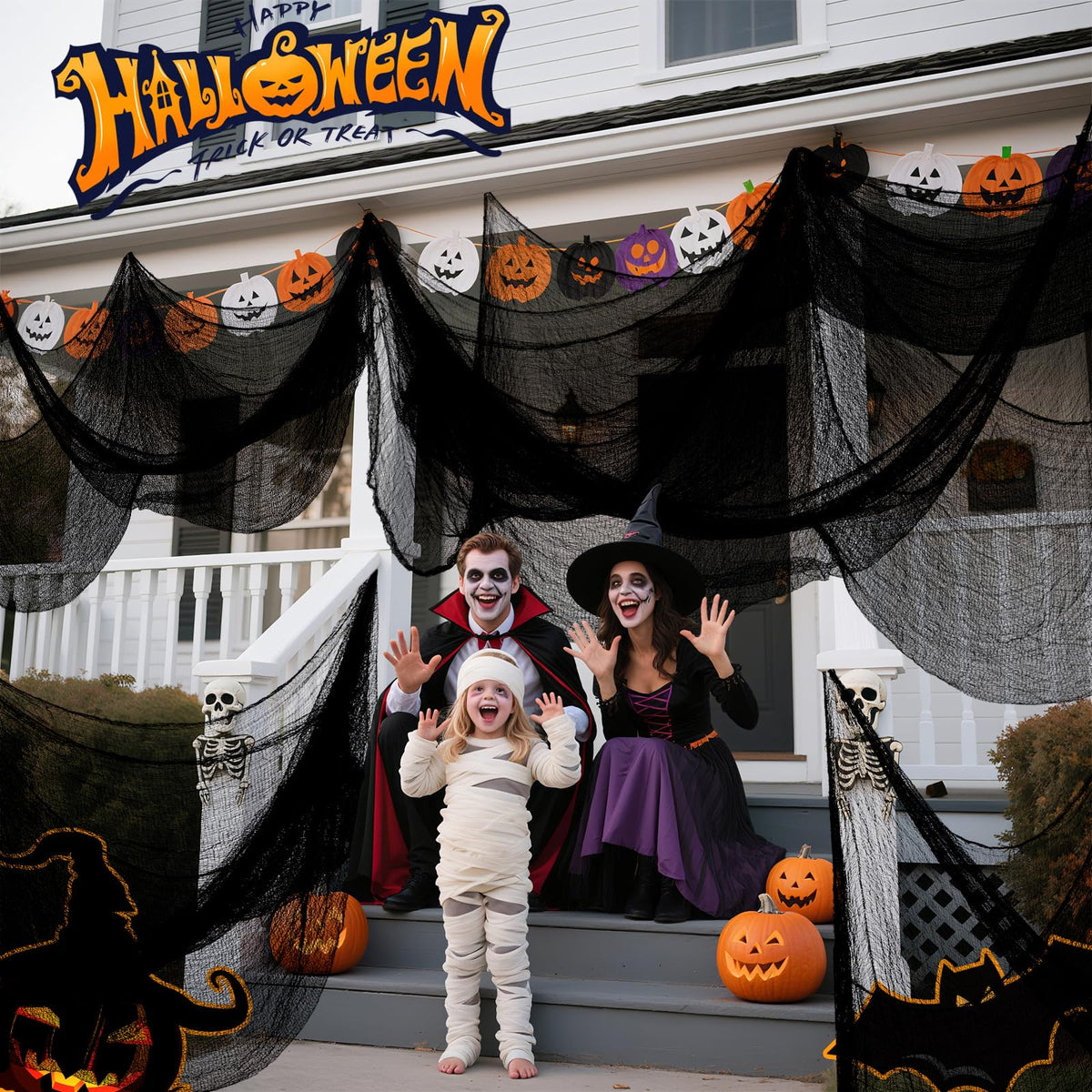 Land Guard Halloween Creepy Cloth Black 200 × 40 Inch Gauze Fabic | Gothic Halloween Decorations for Indoor Outdoor Haunted House Party, Easy to Hang, Cut at Will, Photo Backdrop
