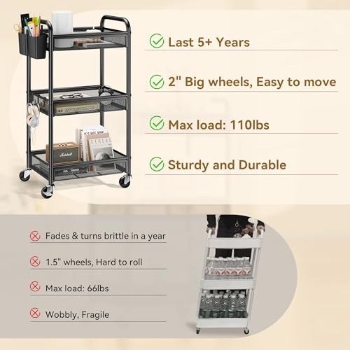 YASONIC 3 Tier Metal Rolling Cart, Black Utility Storage Cart with Wheels | Metal Mesh Craft Cart With Hooks & Hanging Cups, Ideal For Kitchen, Bathroom, Office, Dorm, Art Workspace, Bedside Storage