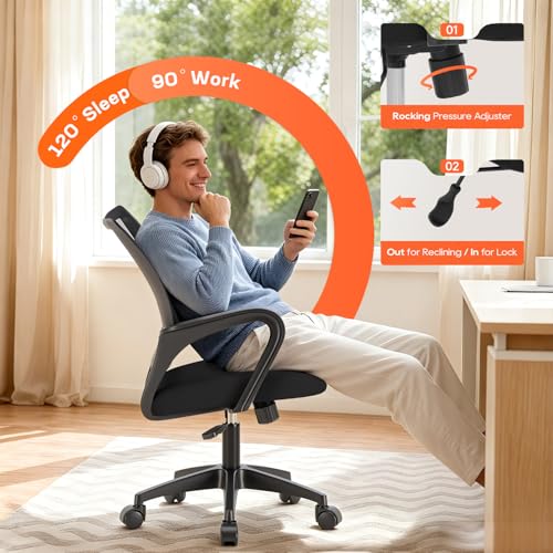 BestOffice Ergonomic Office Chair | Mid-Back Swivel Desk Chair | Dark Black | with Lumbar Support, Adjustable Height & Breathable Backrest | Sponge Seat & Rolling Wheels | for Home, Office | Pack of 1