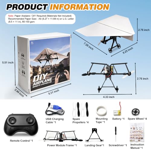 Virellia 1-Pcs DIY RC Paper Airplane Kit for Hobbyists, Pilots & Beginners | DIY Remote Control Airplane Kit for Kids Adults, Easy to Fly with Gyro Stabilizer, Dual Propellers, Lightweight, Foldable