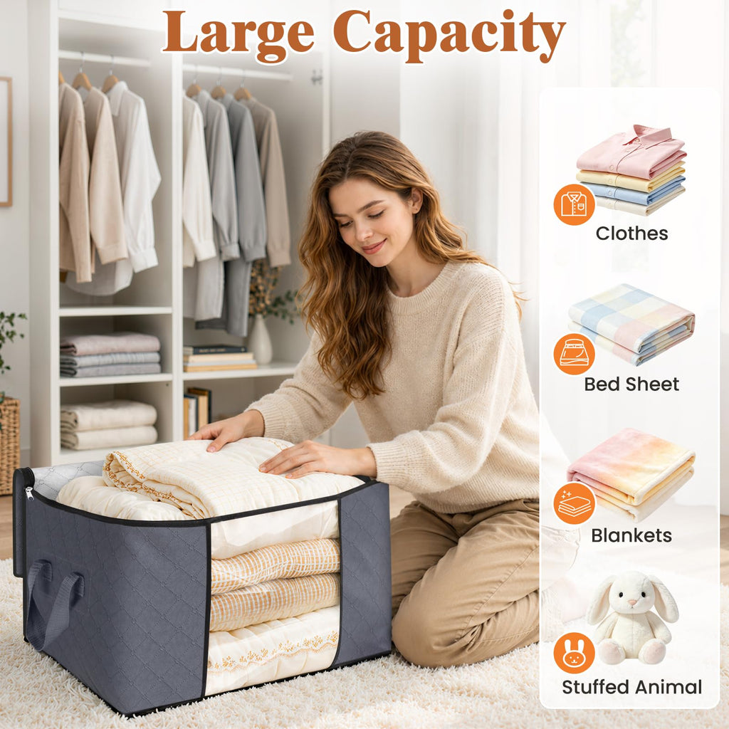 Fab totes 6 Pack Storage Bags for Clothes Blanket Storage Bins with Lids | Foldable Closet Organizers with Zippers,Window and Handles,Fabric Storage Bins for Sweater,Comforter,Bedding,Dorm essentials