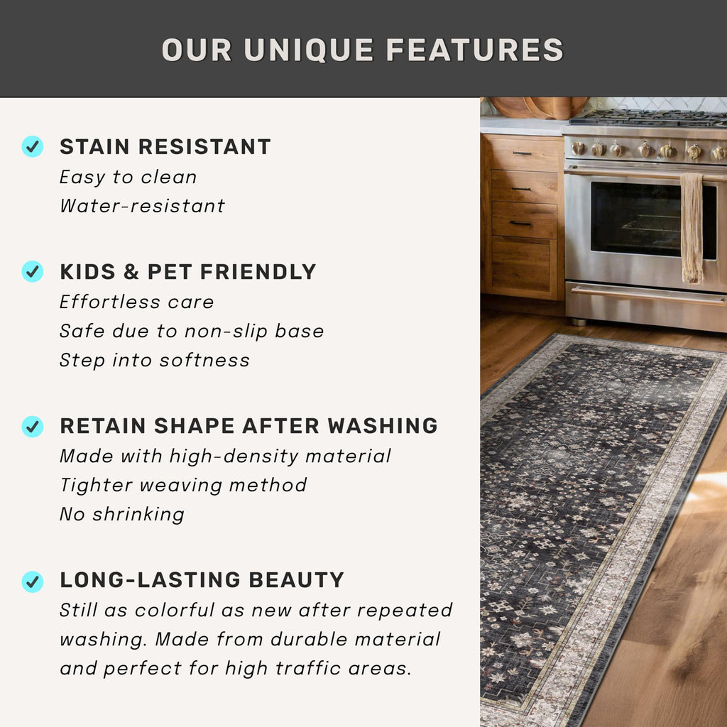Black Boho Washable 2x6 Runner Rugs for Hallway Kitchen Bedroom Beside Laundry Room Bathroom Rug, Pet & Kids Friendly, Non Slip Low Pile Stain Resistant Soft Foldable Long 24 x 72 Floor Carpet