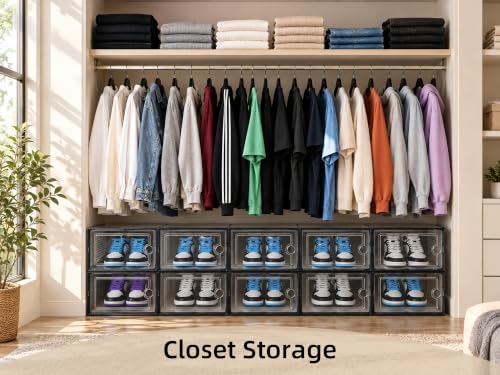 Kuject X-Large Shoe Storage Boxes 12 Pack, Clear Stackable Shoe Organizer | Drop-Front Space-Saving Shoe Cases for Closet, Entryway & Under-Bed Storage, Family Organizer,Black