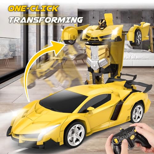 Britik Transform Remote Control Car Toys for Boys 4-6, Drift RC Car Yellow | Transform Cars, Gift for Boy Ages 4-12 Years Old, One-Button Transforming, 360° Rotation, 2.4GHZ 1:18 Scale, Robot Toy Car
