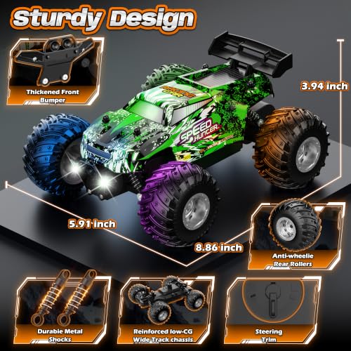 Remote Control Car All-Terrain 1:18 Rc Car with LED Lights 2 Batteries | 2WD Rc Truck, 50Min Play, 2.4GHz, 20KM/H Sturdy Off Road Remote Control Truck Toys for Boys Girls, Christmas Birthday Gift