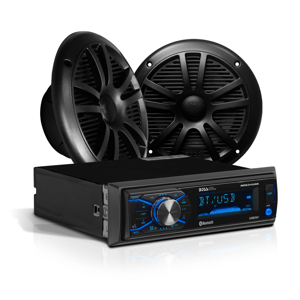 BOSS Audio Systems MCKG634B.6 Marine Boat Stereo, 6.5 Inch Speakers (Pair) | AM/FM radio receiver, USB and aux inputs, weatherproof design, dipole antenna, front and rear pre-amp outputs